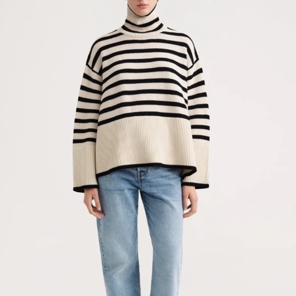 Toteme Black and Cream Striped Turtleneck Sweater
